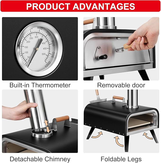 EDOSTORY Outdoor Wood Fired Gas 12'' Pizza Oven Multi-Fuel, Gas Burner, Wood Tray, Portable, Oven Grill, Outside, Backyard, Pizza Maker, oven gloves, Peel, Cutter (Gas Fire)