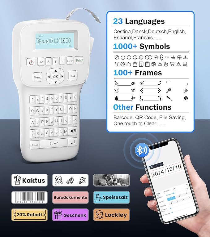Portable Label Maker Machine with Tapes LM1600, Label Maker with QWERTY Keyboard, Rechargeable Handheld Labeler with Backlighting LCD Screen for Office School Use