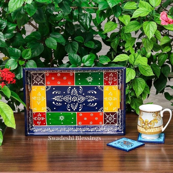 Swadeshi Blessings Wooden Serving Tray Set- Handcrafted & Hand-Painted for Kitchen/Table & Home Decor/Dinning/Gifts/Restaurants/Living Room/Coffee Table (Set of 3 Trays) (Blue)