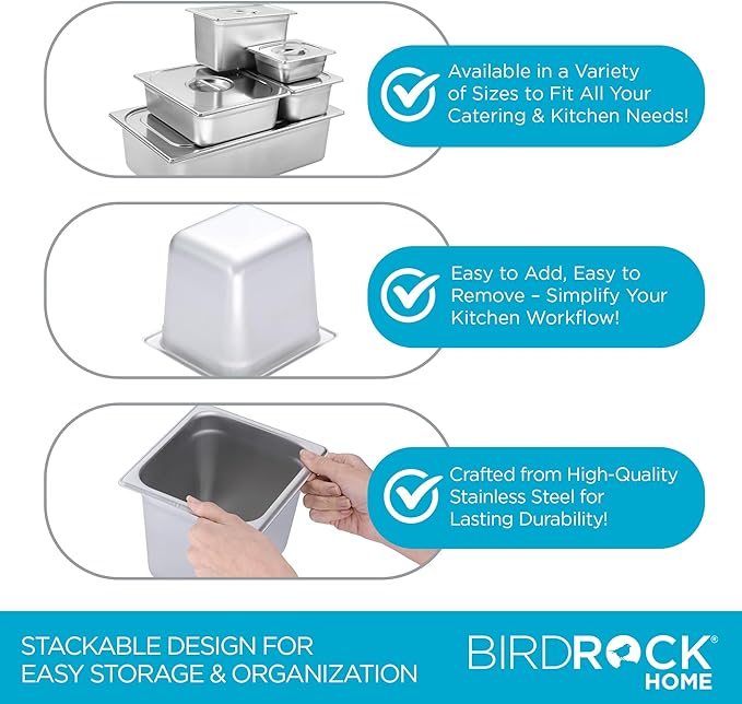 BIRDROCK HOME Stainless Steel Steam Table Pan - Hotel, Restaurant & Catering Supplies - 24 Gauge Steel, 2.6 qt Capacity - Meal Prep, Cooking, & Food Storage Container - 6" Depth, 1/6-Size (6 Pack)