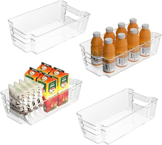 4 Pack Clear Refrigerator Storage Bins, Stackable Plastic Fridge Organizer Kitchen Pantry Storage Bins with Handles for Snacks, Freezer, Kitchen Cupboard, and Cabinet Organization