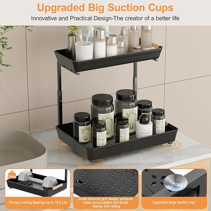 2 Pack Under Sink Organizer Pull 0ut, 3 Height Adjustable Under Kitchen Sink 0rganizer and Storage Black, 2 Tier Double Sliding Drawer Cabinet Organizer for Kitchen Bathroom Pantry