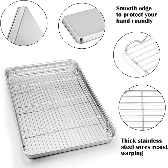 P&P CHEF 19.6 Inch Baking Sheet Pan with Rack Set, Stainless Steel Cookie Sheet Pan Tray with Cooling Rack for Oven Use, Cooking Roasting, Non Toxic & Dishwasher Safe, Heavy Duty