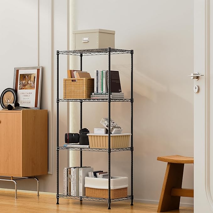 1000 lbs 4Tier Shelf Metal Storage Shelves Wire Rack Closet Organizers with Wheel for Garage Kitchen Bathroom Laundry Black 13.7" D x 23.6" W x 53.4" H