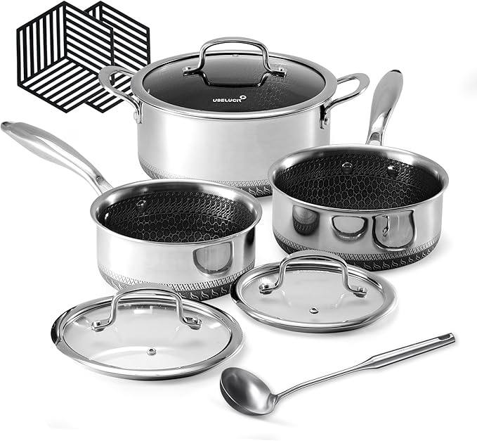 Hybrid Nonstick 6-Piece Pot Set with 2 Silicone Trivets, 1.5 QT Saucepan, 2 and 5.2 QT Stock Pot with Glass Lids, Stay-Cool Handles, Dishwasher-Friendly, Induction-Ready, Compatible All Cooktops
