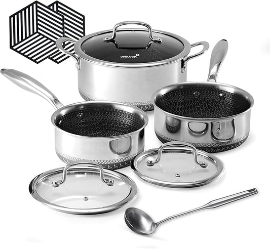Hybrid Nonstick 6-Piece Pot Set with 2 Silicone Trivets, 1.5 QT Saucepan, 2 and 5.2 QT Stock Pot with Glass Lids, Stay-Cool Handles, Dishwasher-Friendly, Induction-Ready, Compatible All Cooktops