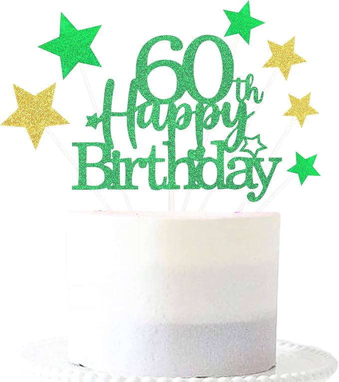 Glittery 60th Happy Birthday Cake Topper with Star,Personalised 60 Birthday Cake Toppers Party Decorations Party Supplies for Boys Girls Green Gold