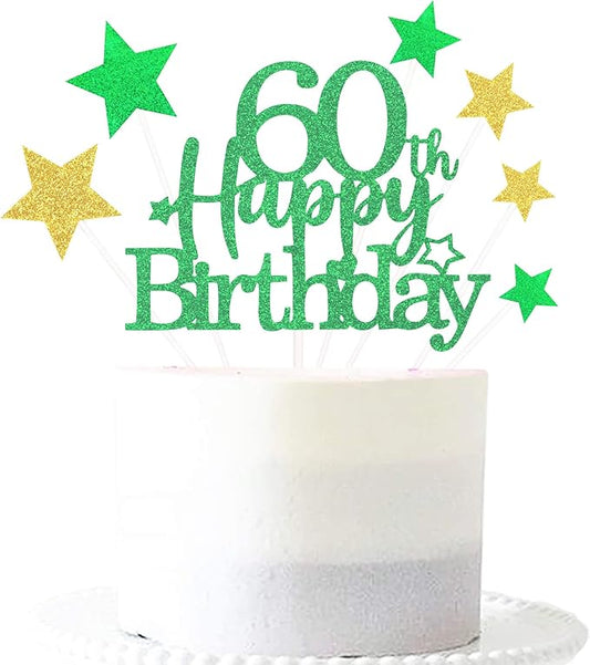 Glittery 60th Happy Birthday Cake Topper with Star,Personalised 60 Birthday Cake Toppers Party Decorations Party Supplies for Boys Girls Green Gold