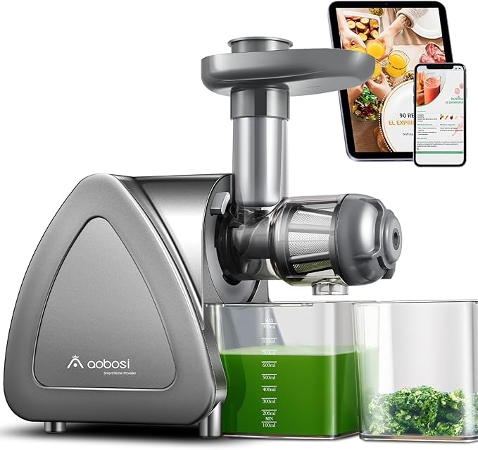 Juicer Machine, Aobosi Slow Masticating Juicers, Cold Press Juicer Machines with Reverse Function, Quiet Motor, High Juice Yield with Juice Jug & Brush for Cleaning (Gray)