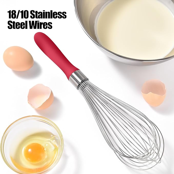 18/8 Stainless Steel Balloon Whisk, Doosu Kitchen Whisk for Cooking Handheld Egg Beater with Rust-Proof Sturdy Wires & Non-Slip Silicone Handle for Beating, Stirring, Blending (12 Wires, Red)