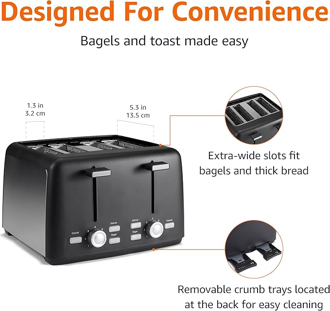 Amazon Basics 4 Slice Toaster, With 7 Browning Settings, Extra Wide Slots For Bagels and Special Breads, Removable Easy-to-Clean Crumb Trays, Cancel/Defrost/Bagel Buttons, 1500W, Black & Silver