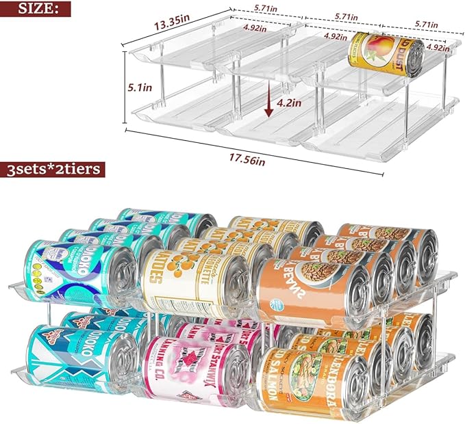 Can Organizer for Pantry, 6 Sets 3Tiers Can Storage Organizer Pantry, Soda Can Organizer for Fridge 72 Cans Rack Automatic Rolling Stackable Canned Food Organizer,Clear