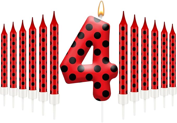13PCS Ladybug Theme Birthday Candles Set - Red & Black Polka Dot Decorative Candles for Kids Ladybug Themed Parties, Baby Showers, Birthday Cakes, and Ladybird Inspired Celebrations(Number 4)