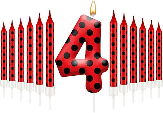 13PCS Ladybug Theme Birthday Candles Set - Red & Black Polka Dot Decorative Candles for Kids Ladybug Themed Parties, Baby Showers, Birthday Cakes, and Ladybird Inspired Celebrations(Number 4)