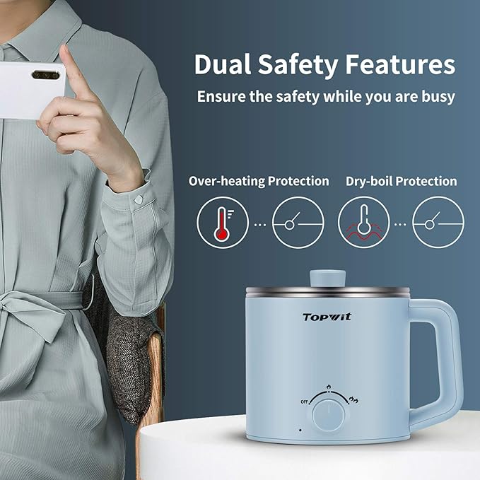 Topwit Hot Pot Electric, Electric Pot, 1.6L Ramen Cooker, Multifunctional Cooker for Pasta, Shabu-Shabu, Oatmeal, Soup and Egg with Over-Heating Protection, Boil Dry Protection, Blue