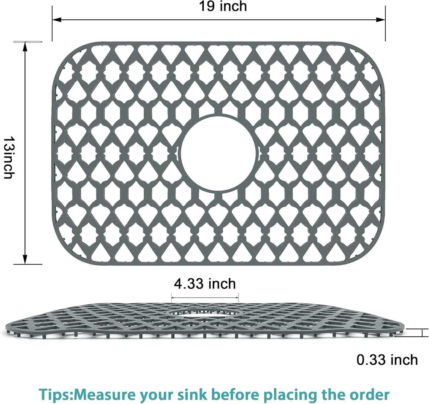 Sink Protectors for Kitchen Sink 13x11 &16x12 &19x14 &22x13 &24x13 &26x14 &28x14 &30x16, Large Silicone Sink Mats Grid for Bottom of Farmhouse Sink (19”x13”, Center Drain)