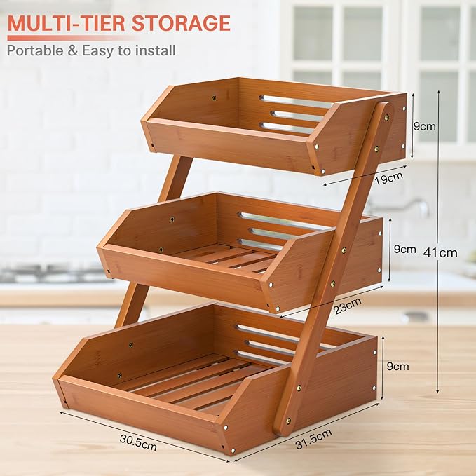 G.a HOMEFAVOR Fruit Basket for Kitchen, 3-Tier Fruit Bowl for Kitchen Counter, Vegetable Storage Stand for Fruit Shop, 15 mm Thickness, Brown