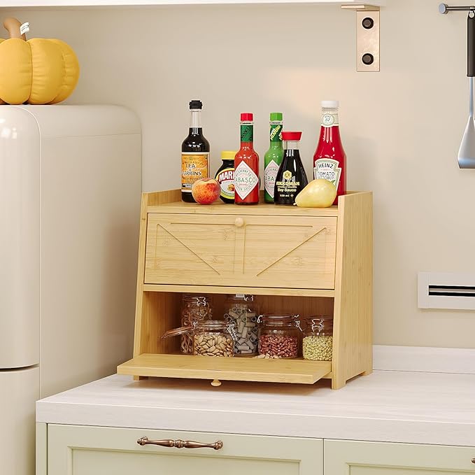 Vintage Double Layer Bread Box for Kitchen Counter Bamboo Bread Storage Container Large Capacity Bread Storage Bin (Natural Bamboo)