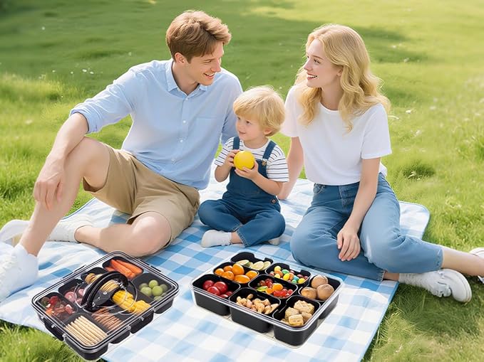 Divided Serving Tray with Lid and Handle - Snackle Box Charcuterie Container for Portable Snack Platters Organizer for Candy, Fruits, Nuts, Snacks - Perfect for Party, Entertaining, Black