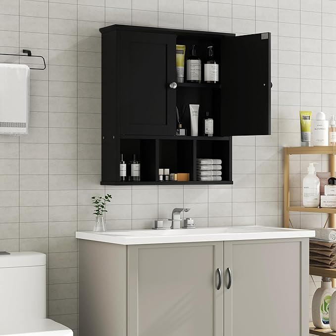 Shintenchi Bathroom Wall Cabinet with Door, Storage Organizer Over The Toilet Medicine, Space Saving with Adjustable & Open Shelf, Black