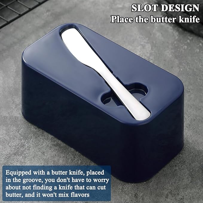 Evanda Butter Dish with Lid for Countertop and Refrigerator Door Shelf with Butter Spreader Knife, Butter Keeper, Plastic Butter Holder Tray Container for West/East Coast Butter