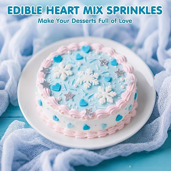 Edible Frozen Sprinkles ,Blue Heart White Snowflake Silver Star Pearl Jimmies Mix,130g/4.58oz,Winter Snow Sugar Pearls Sprinkles for Decorations Baking,Cake Ice Cream Cookies Cupcake Topper Chocolate,Birthday Children Party Dessert Decorating