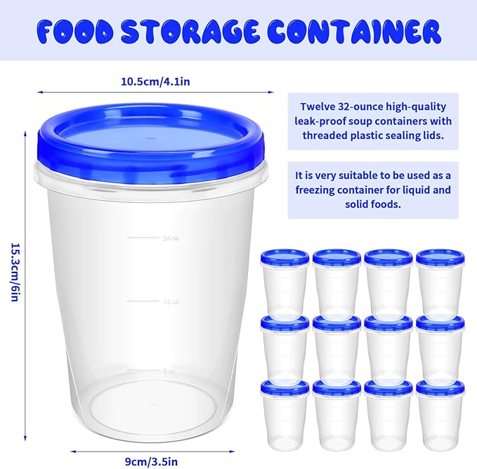 12 Pack Freezer Containers with Screw On Lids, 32 Oz Stackable Reusable Plastic Storage Container, Airtight Plastic Food Storage Containers with Twist Top Lids for Food Soup Jello Sauce