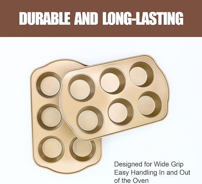 Jumbo Muffin Pan 2 Pack, Nonstick Large Cupcake Pan 6 Cup, Heavy Duty 0.5mm Thick Steel Big Muffin Tins for Baking, 3.5inch Dia, Gold