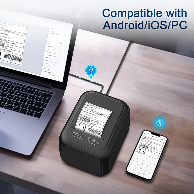 CLABEL Desk Bluetooth Barcode Label Printer: Label Maker with Direct Thermal Printing, 3 Inch Print Width for Barcodes Address Shipping Warehouse with 1 Roll Label (3 Inch Soot)