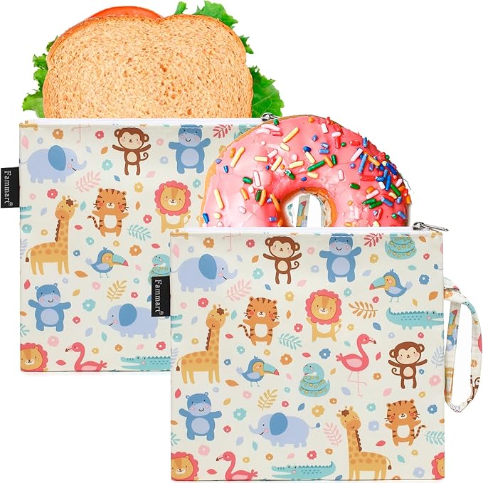 Reusable Sandwich Bag/Snack Bag for Kids & Adults, Dual Layer Lunch Bag with Handle, Washable, Food Safe, BPA Free (2-Pack, Zoo)