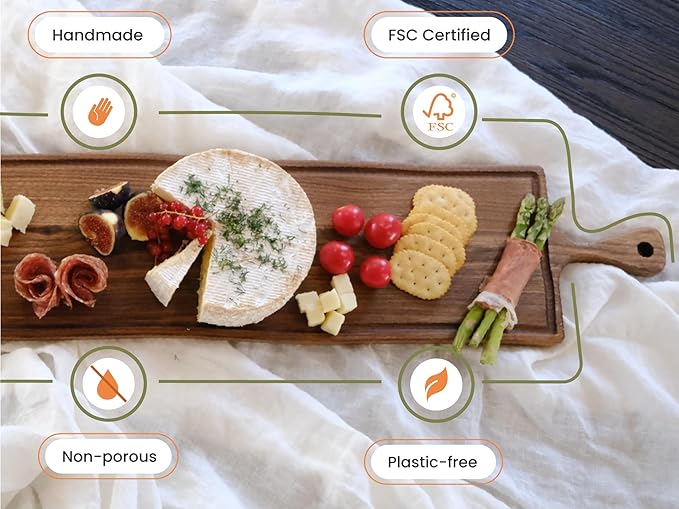 Elegant Walnut Wood Long Serving Board with Handle - Charcuterie Wooden Board - Stylish Versatility for Culinary Delights - Reversible with Juice Groove - 35.4x6.7x0.8 in - Woodie Poppins (Large)