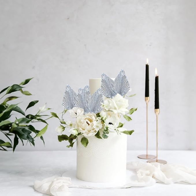 Gyufise 6Pcs Paper Palm Fan Cake Topper Palm Leaf Fan Cake Pick for DIY Bakeware Craft Project Home Made Wedding Bridal Shower Birthday Anniversary Party Cake Decorations Supplies Metallic Silver