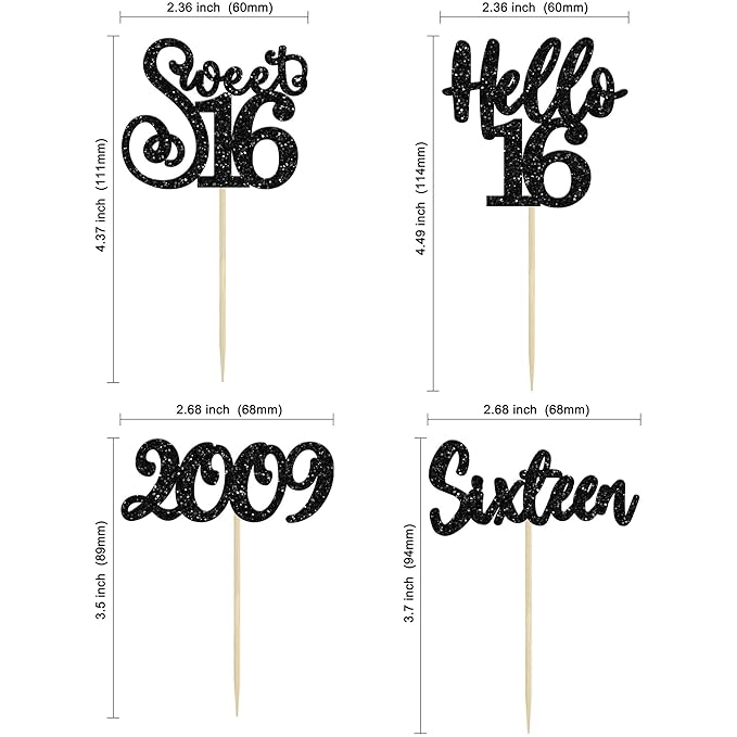 Gyufise 24Pcs Happy 16th Birthday Cupcake Toppers Glitter Hello 16 Sweet 16 Cupcake Picks 2009 Sixteen Old Birthday Cake Decorations for 16th Birthday Anniversary Party Supplies Black