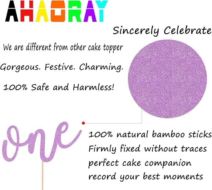 First Birthday Cake Topper - Purple Glitter One Cake Decorating Supplies for Girls and Boys, Perfect for Baby Shower/Gender Revealing Party Photo Booth Props