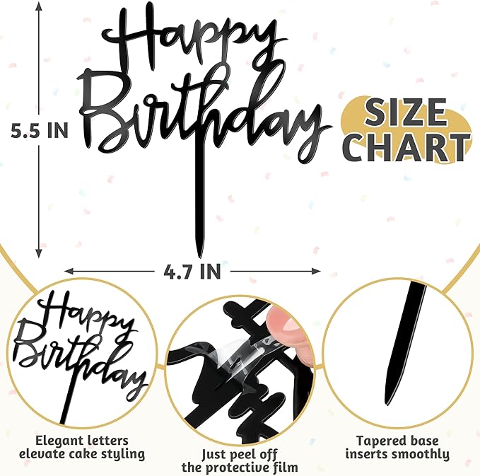 1PCS Acrylic Cake Topper, 4.7 Inches x 5.5 Inches Happy Birthday Cake Topper, Black Birthday Cake Decorations Flower Arrangements Sign for Baby Shower, Anniversary Decor