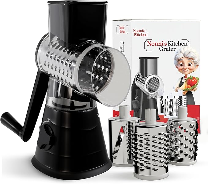 Rotary Cheese Grater Hand Crank - Counter Top 3 Blade Manual Cheese Shredder with Reinforced Suction, 3 Interchangeable Drums, Easy to Use Vegetable Chopper, Round Mandoline Slicer, Black