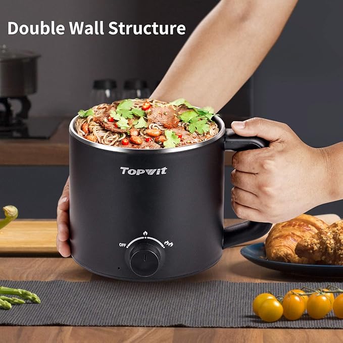 Topwit Hot Pot Electric, Electric Pot, 1.6L Ramen Cooker, Multifunctional Cooker for Pasta, Shabu-Shabu, Oatmeal, Soup and Egg with Over-Heating Protection, Boil Dry Protection, Black