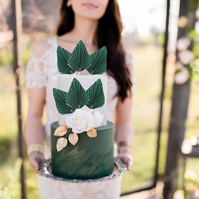 Gyufise 6Pcs Paper Palm Fan Cake Toppers Palm Spear Leaves Fan Cupcake Toppers Cake Insert Decorations Craft DIY Cake Bakeware Decoration for Birthday Party Wedding Party Decor Supplies Green