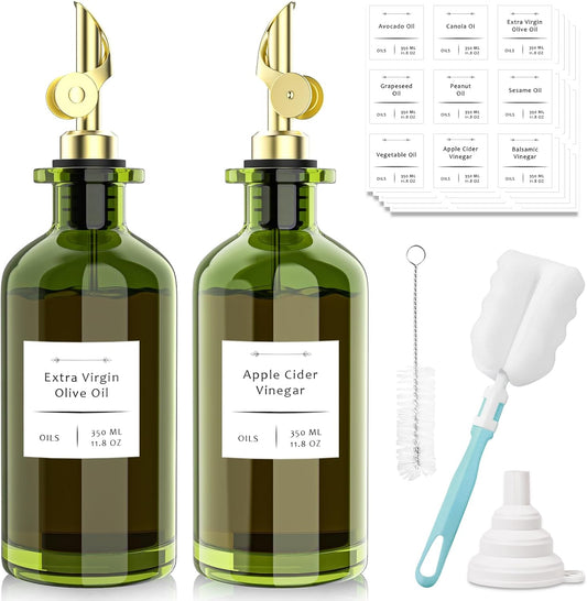 COOLMI Oil Dispenser for Kitchen - 12oz/350ml, Set of 2 Extra Thick Food Grade Glass Olive Oil Dispenser Bottle with Cleaning Brush, Stickers and Funnel (Gold)