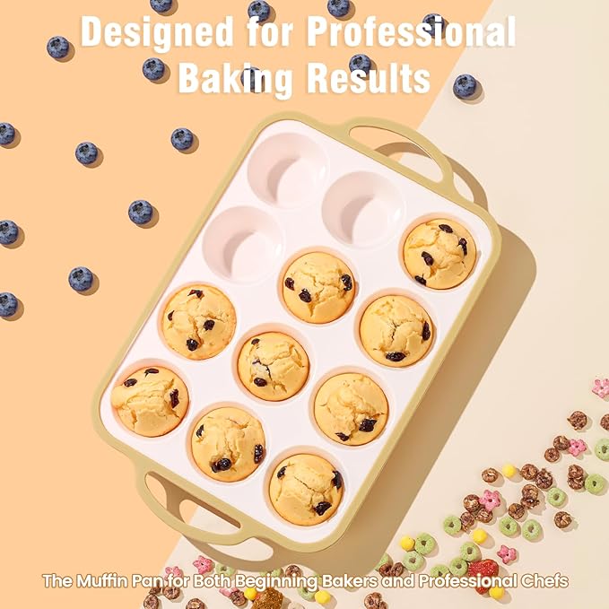 Silicone Muffin Pans for Baking 1 Pack, 2.6 Inch with Metal Reinforced Frame, Regular Size Nonstick Cupcake Pan 12 Cups for Baking Homemade Muffins, Dishwasher Safe BPA Free-Light Yellow