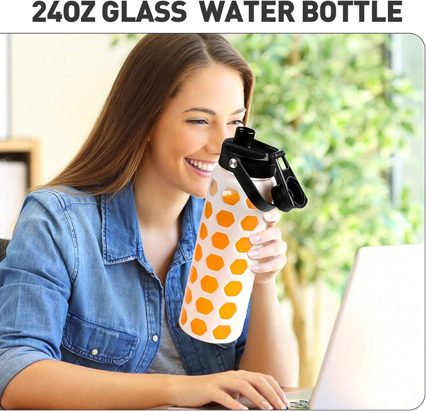 MUKOKO Glass Water Bottles, 24oz Glass Tumbler with Straw, Drinking Bottles with 2 Lids-Handle Spout Lid&Bamboo Straw Lid, Motivational Water Bottle with Time Marker and Silicone Sleeve, 1 Pack-White