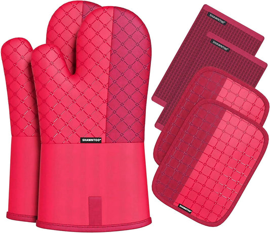 Oven Mitts and Pot Holders Sets 6pcs, Kitchen Oven Glove,High Heat Resistant 550 Degree Extra Long Oven Mitts and Potholders with Non-Slip Silicone Surface for Home Essentials (Grey) (Passion Red)
