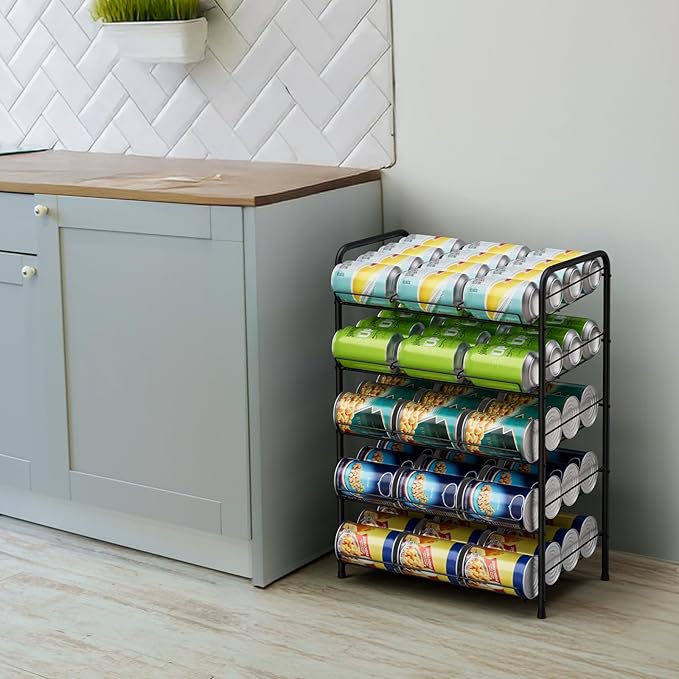 Vrisa 5 Tier Can Organizer for Pantry Can Holders 60 Cans Rack Canned Goods Organizer for Pantry Shelf Stackable Food Organizer Soda Vegetable Can Dispenser for Kitchen Cabinet, Black