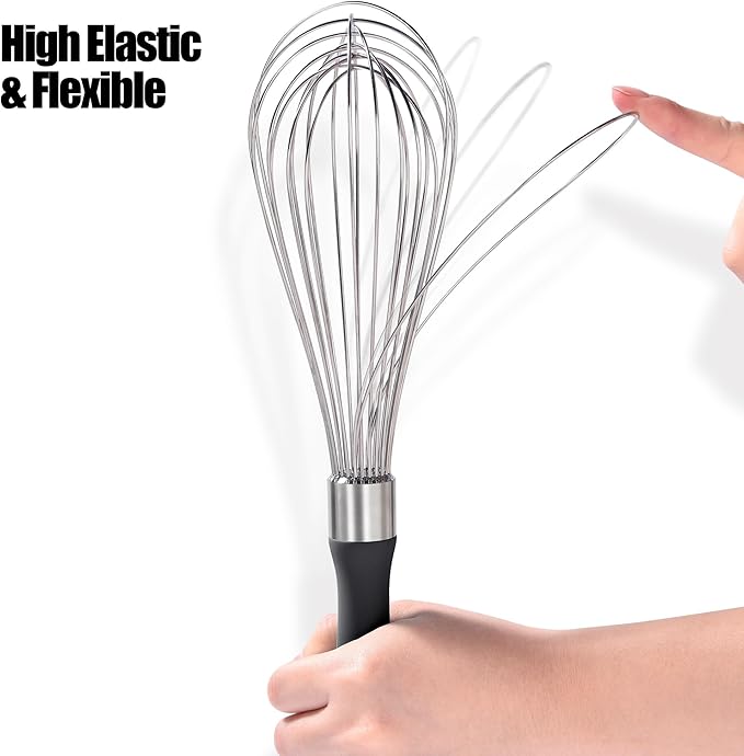 18/8 Stainless Steel Balloon Whisk, Doosu Kitchen Whisk for Cooking Handheld Egg Beater with Rust-Proof Sturdy Wires & Non-Slip Silicone Handle for Beating, Stirring, Blending (12 Wires, Black)