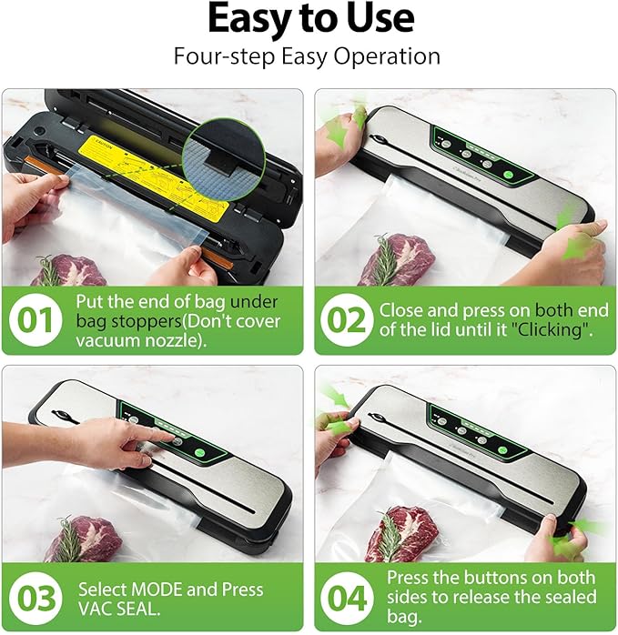 Automatic Food Vacuum Sealer Machine | Beelicious Pro 80KPa 8-In-1 Food Vacuum Saver with Starter Kits | 15 Bags, Pulse Function, Moist&Dry Mode and External VAC for Containers, Stainless Steel