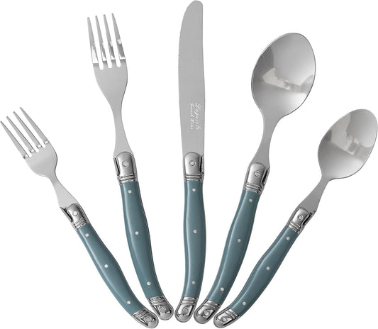 French Home Laguiole 20 Piece Flatware Set – Stainless Steel Flatware Set for 4 – Luxurious Aegean Teal Utensil Set with Knives, Spoons and Forks