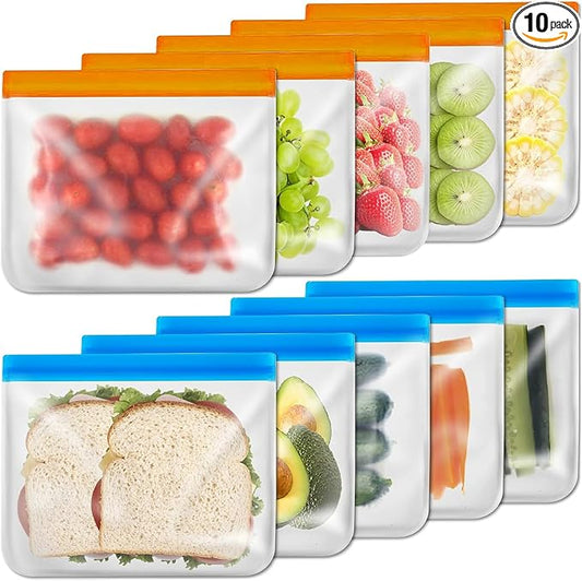 10 Pack Reusable Sandwich Bag Dishwasher Safe, Silicone Leakproof Reusable Freezer Bags, BPA Free Reusable Food Storage Bags for Candy, Snack, Cereal, Travel Items, Home Organization