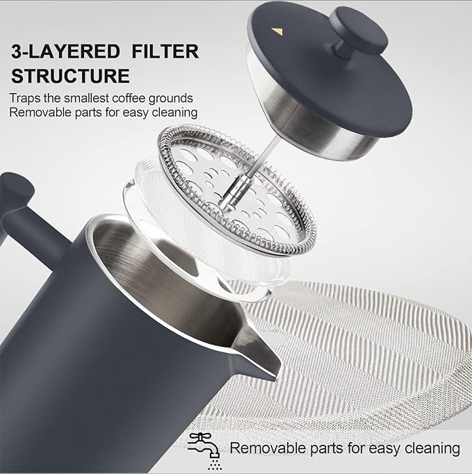 Secura French Press Coffee Maker, 304 Grade Stainless Steel Insulated Coffee Press with 2 Extra Screens, 34oz (1L), Grey