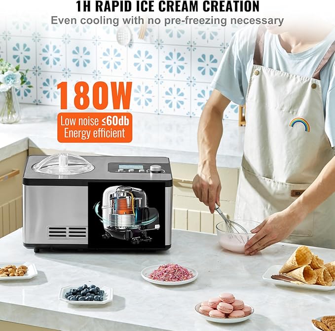 VEVOR Automatic Ice Cream Maker with Built-in Compressor, 2 Quart No Pre-freezing Fruit Yogurt Machine, Stainless Steel Electric Sorbet Maker, 3 Modes Gelato Maker with LCD Display & Timer, Silver
