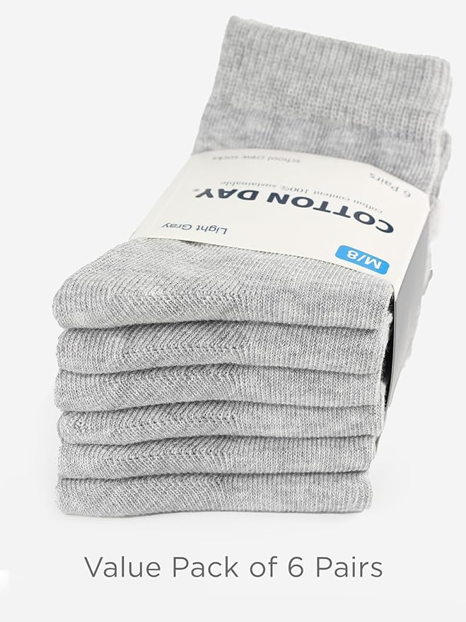 COTTON DAY Unisex Little Kids Youth Boys Girls Soft Cotton Crew Dress Socks Seamless Toe Black White Gray Navy 6 Pack